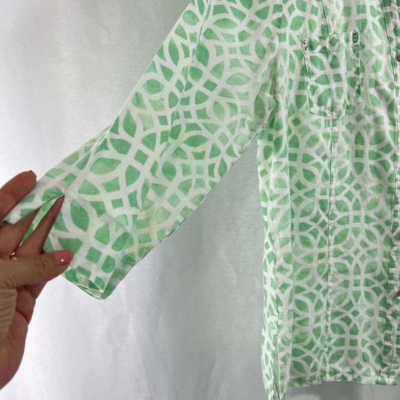 JM Collection Women’s Sz 12 100% Linen 3/4 Sleeves Blouse Green Pockets EUC - Picture 2 of 10
